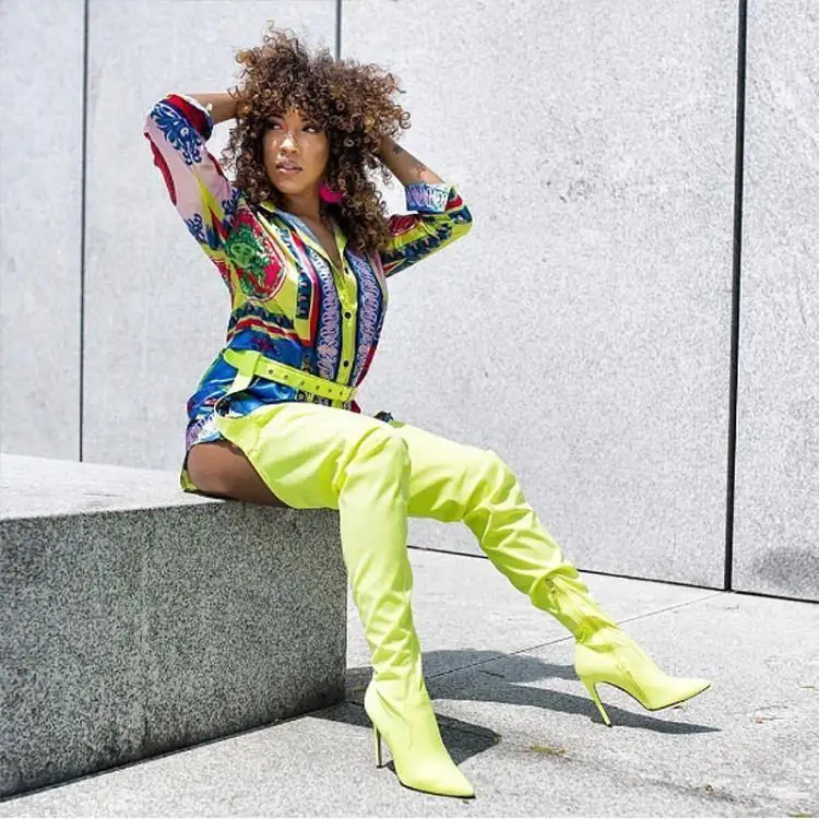 

Runway Fluorescent Green Leather Winter Boots Women Thigh High Waist Belt Botas Mujer Pointed Toe Side Zipper Womens Shoes Brand