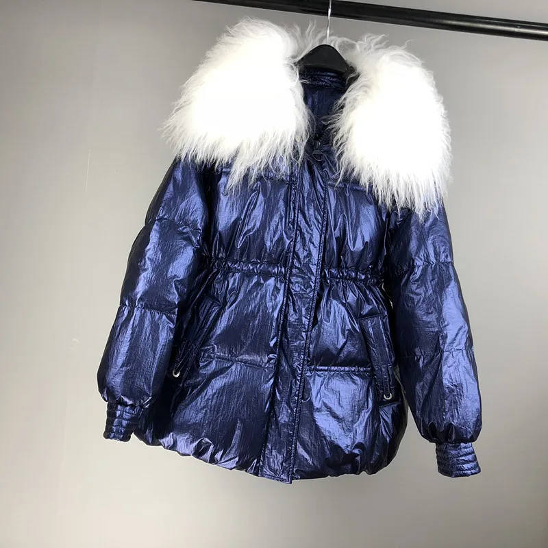 

Winter Down Coat Loose Bread Overcoat Snow Large Natural Fur Collar Silver Bright White Duck Down Parkas Thick Outwear
