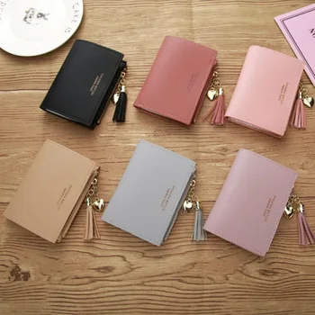 

Women Wallet Tassel Lovely Short Paragraph Zipper Hasp Purse Small Clutch Buckle PU Female Wallets Card Holder Coin Purse