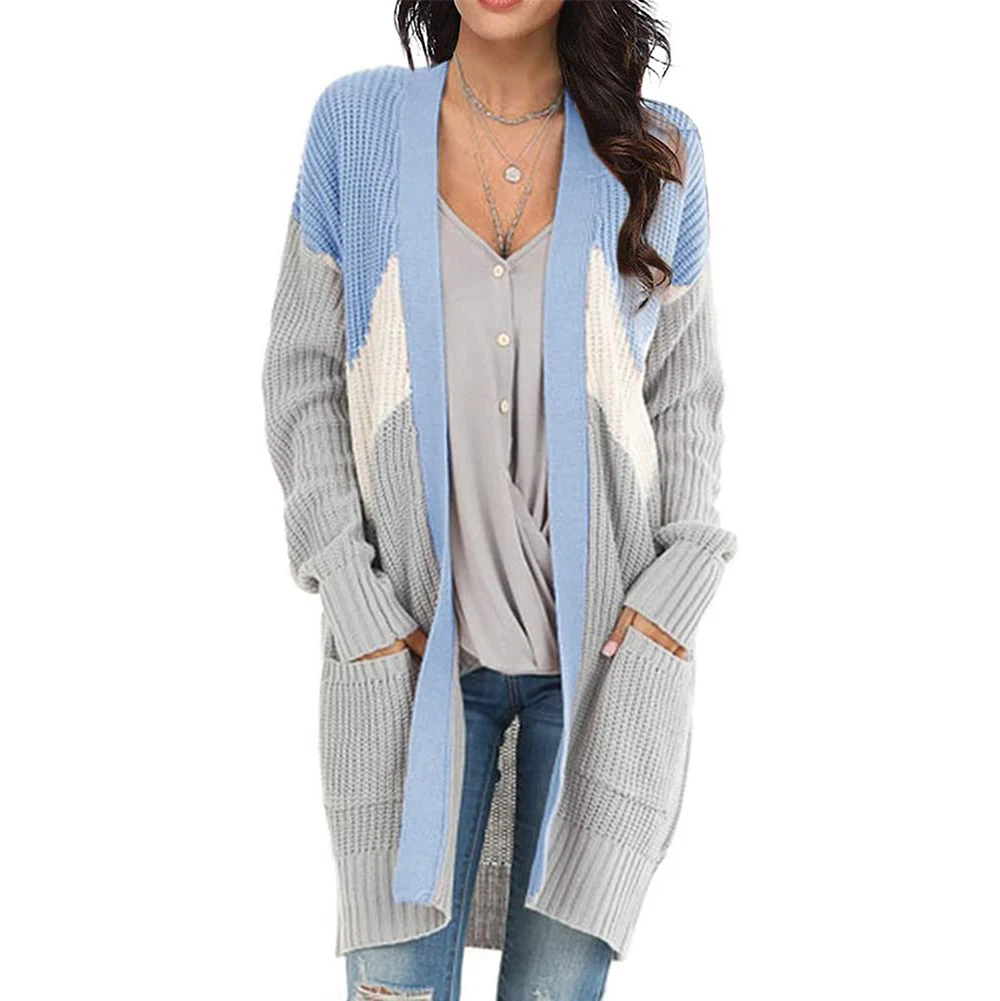 

European and American autumn and winter new products women's knitted cardigan geometric color matching sweater cardigan