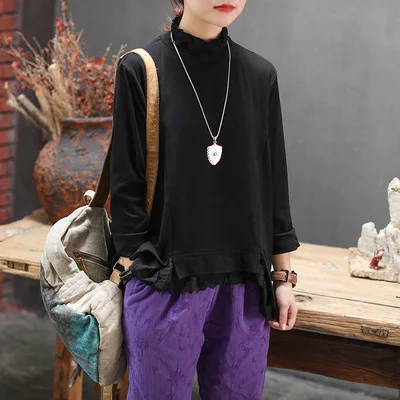 Черный Autumn Winter Hoodies Retro Women Loose irregular Pullovers New Ladies Tops Turtleneck Casual Vintage Tops Hoodies - Цвет: Черный