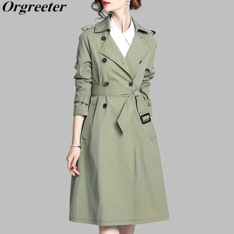 

Brief Green British wind Women's Windbreaker Double-breasted Long Sleeve Sashes Trench Coat Female 2019 Fall Elegant OL Outwear