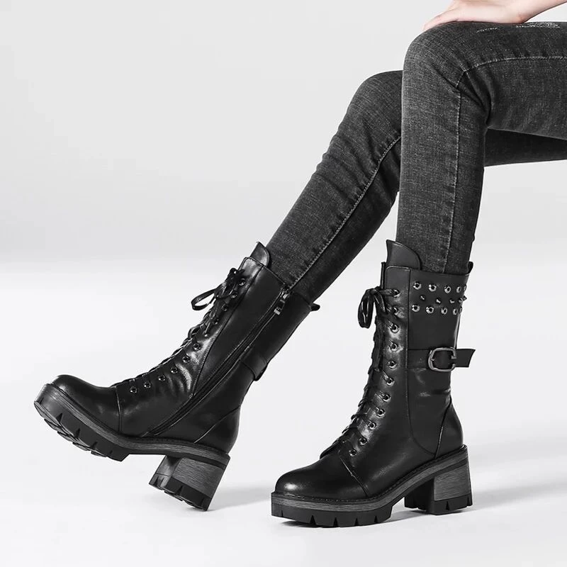 Botas militares para mujer, zapatos de media plataforma con media caña, para otoño e invierno, C523|Botas media pantorrilla| - AliExpress