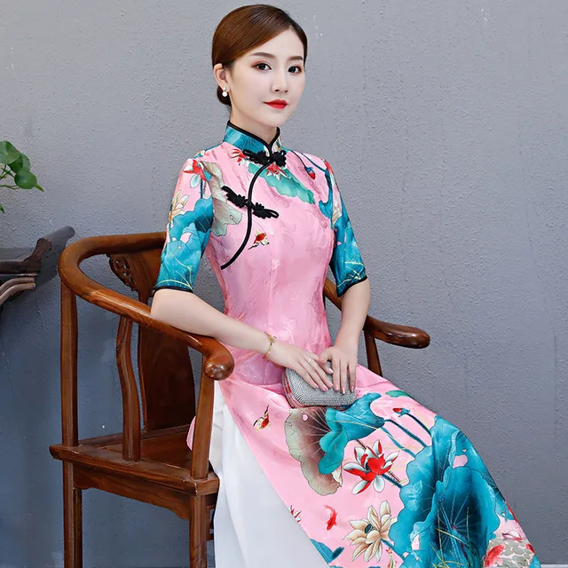 Plus size 5XL cheongsam autumn new female dignified atmosphere Austrian Chinese etiquette Printed pendulum dress Long cheongsam
