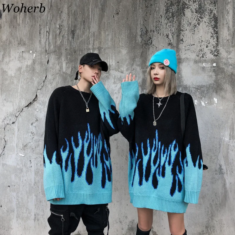 Woherb/осенне-зимний вязаный свитер в стиле Харадзюку с пламенем; повседневные женские и мужские пуловеры в стиле унисекс; уличная одежда в стиле хип-хоп; свитер; джемпер
