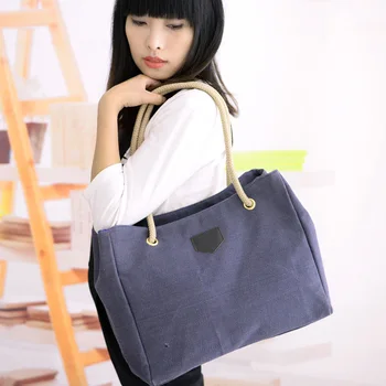 

1PC Simple Women Handbag Large Capacity Solid Color Canvas Bag for Travel Shopping H66