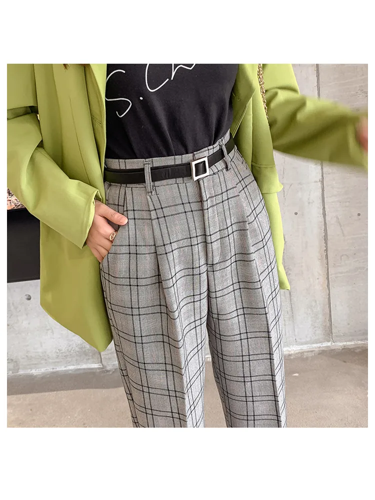 JUJULAND Stretchy Plaid Pencil Pants Women Casual Autumn Women Trousers Elastic Waist Tweed Slant Elegant 7232