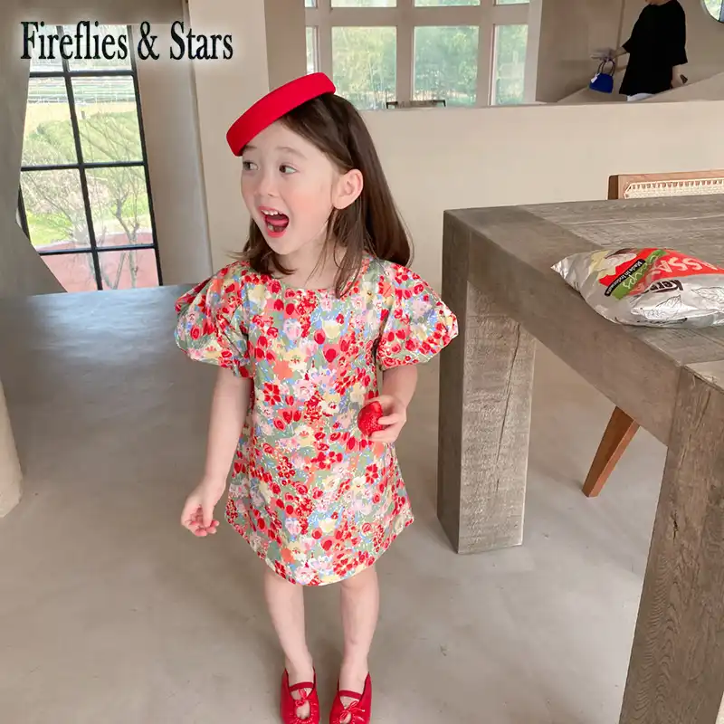 夏の女の子baby Dress Kids Dress子供vestidos服インファッションカラフルな花落書きパフスリーブ2に9歳 ドレス Aliexpress