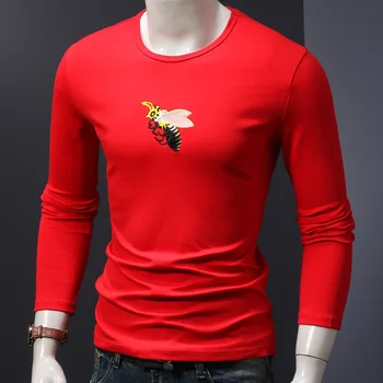 

Long Bee Embroidery Red Sleeve T-shirt Men Autumn Winter Thickened Tshirt Cotton Warm O-Neck Slim Fit T Shirt
