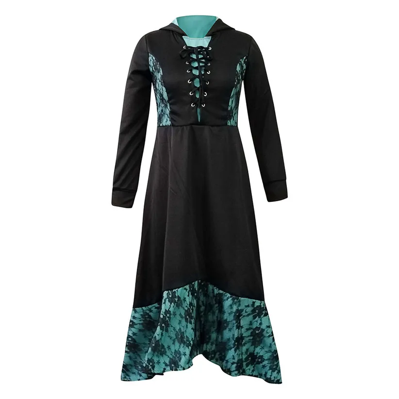 S-5XL, женское платье с капюшоном в готическом стиле панк, большие размеры, платье с перекрещивающимися ремешками и длинным рукавом для косплея, винтажный костюм для женщин 910
