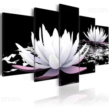 

5 Pieces HD Print Lotus Leaf Canvas Painting Poster Colorful Flower Wall Art Black Modern Pictures for Living Room Home Decor