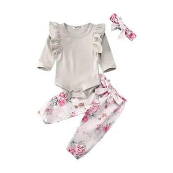 

NEW 2020 Infant Baby Girl Kid Flower Long Sleeves Top + Pants + Headband Clothes 3pcs set
