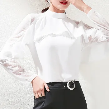 

2020 spring new Korean women's lace wild stand-up collar lotus leaf elegant net yarn long-sleeved chiffon shirt women
