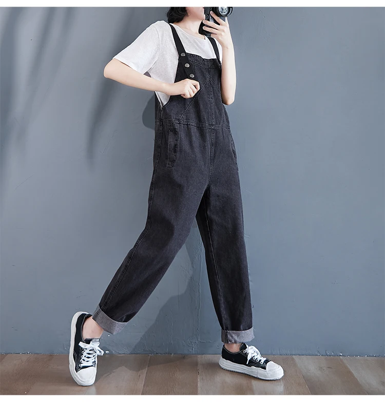Vintage Black Denim Jumpsuit Women Casual Streetwear Loose Wide Leg Jeans Overalls Female Autumn Straps Pants Plus Size Trousers old navy jeans