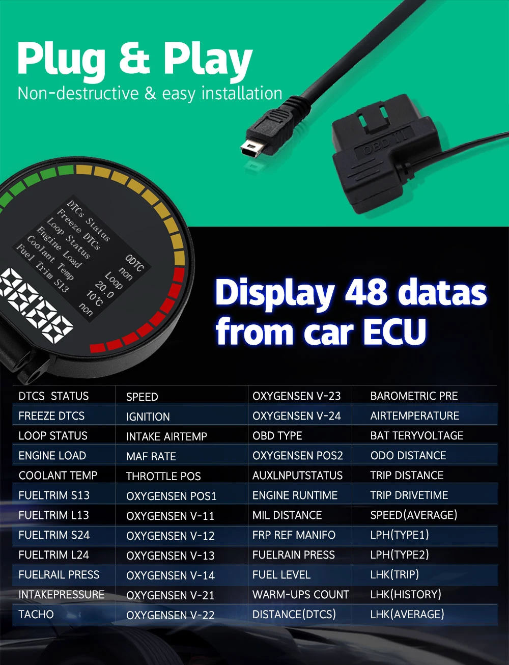 HUD P15 HD OBD цифровой дисплей скорости автомобиля измеритель скорости OBD2 датчик температуры воды масла код считыватель турбо Boost давление метр сигнализации