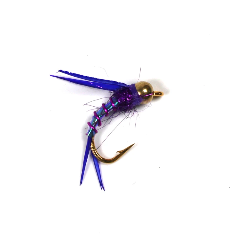 Bimoo 6PCS #12 Psycho Prince Nymph Crazy Purple Prince Nymph Fly Bright Brass Bead Head Trout Fishing Flies