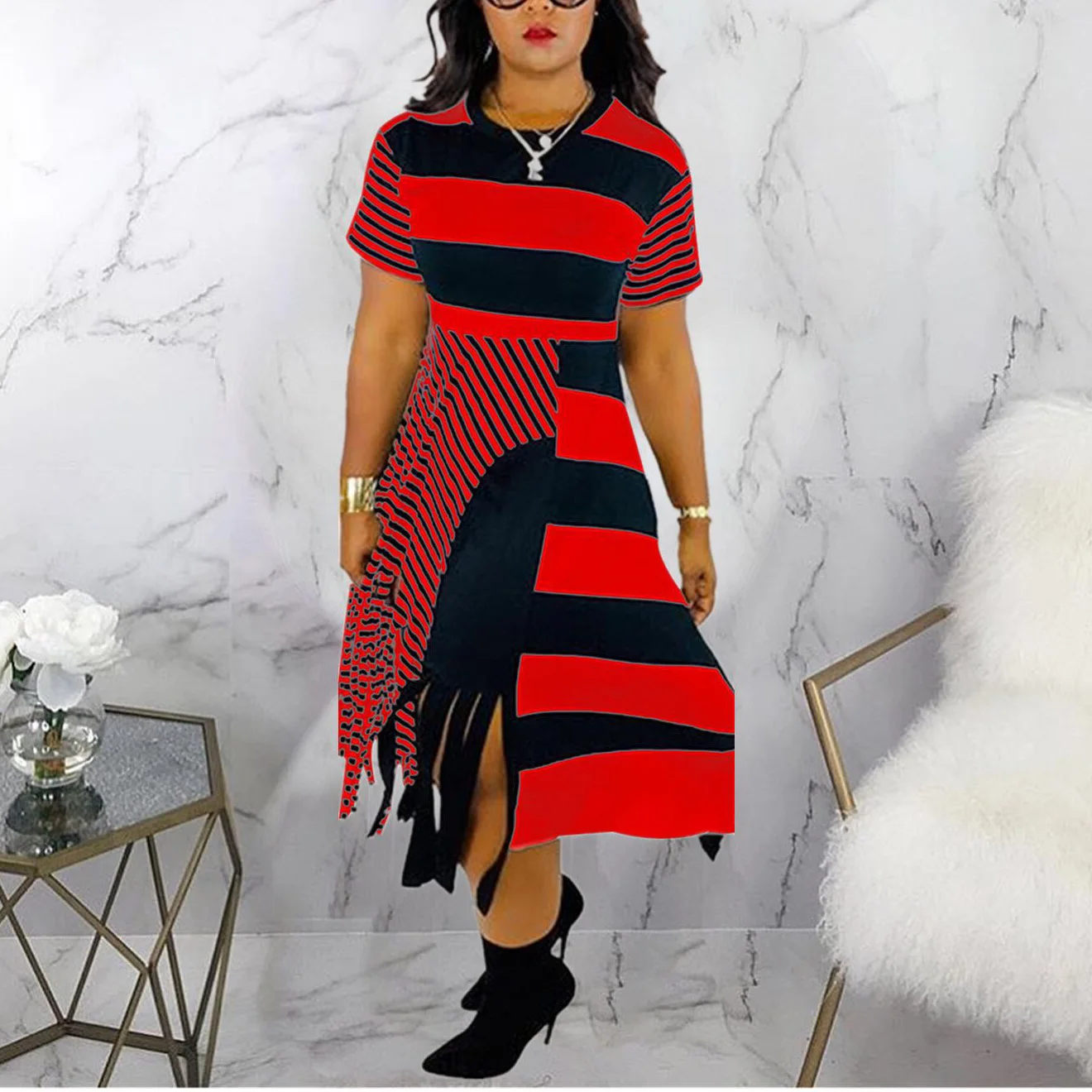 

Vintage Dress For Women Tassel Patchwork Short Sleeve Round Neck Mid Calf Elegant Causal Daily Wear Fashion Robe Dresses Midi