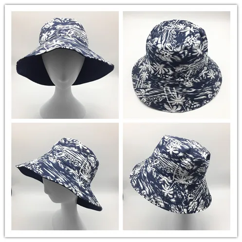 Women Canvas Floral Print Bucket Hat Lady Girls Coconut Palm Print Fisherman Hat Female Cotton Sun Prevent Double Layers Hats