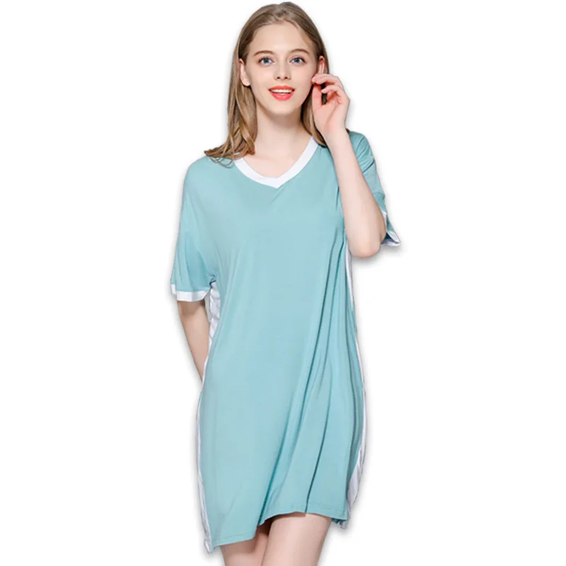 

Nightdress Women Summer Modal Fabric Home Furnishing Pure Color Short Sleeve Vneck Casual Comfortable Loose Thin Midlength Skirt