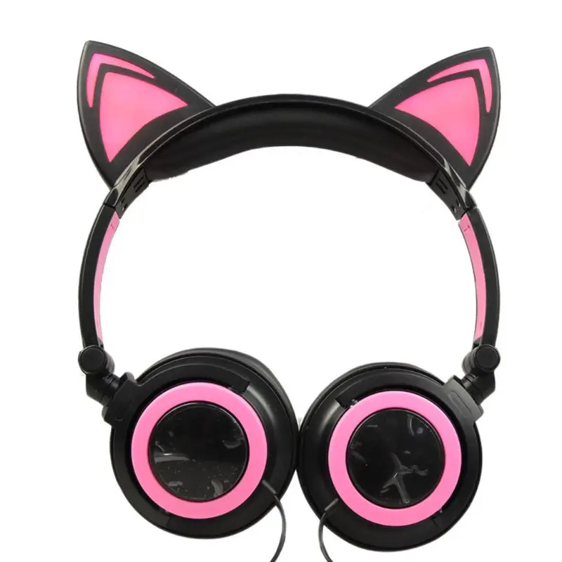 Foldable Safe Wired Kids Gaming Headsets Glowing Cat Ears Headphones 85dB Volume Limited Noise Canceling Wide Compatibility