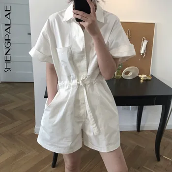 

SHENGPALAE 2020 New Fashion Spring Vintage White Retro Minimalist Style Overalls High Waist Wide Leg Shorts Jumpsuit ZA2879