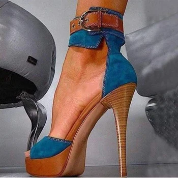 

T Stage Party Shoes Blue Jean Platform Ankle Strap High Heels Sandals Woman Peep Toe Cover Heel Gladiator Summer Pumps Woman
