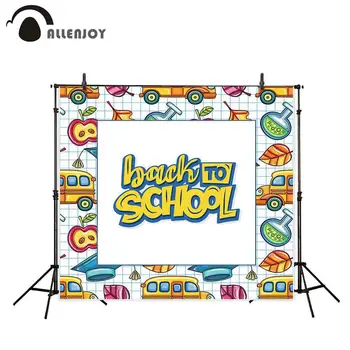 

Allenjoy Back To School Backdrops Lattice Leaves Bus Apple Bachelor Cap Beaker Party Banners Cloth Student Activity Wallpapers