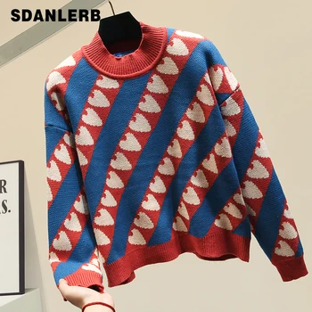 

Love Sweater Woman Autumn Winter Women's New Heart Thick Half-Turtle-Neck Sweater Loose-Fit Outfit Pull Femme Jersey Mujer