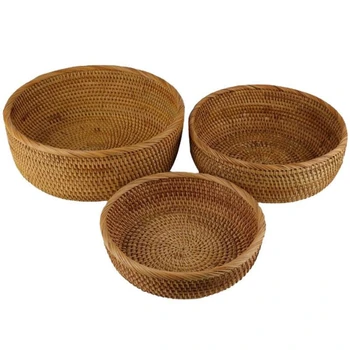 

3PCS Rattan Fruit Basket Snack Bread Basket Round Woven Basket Woven Storage Basket