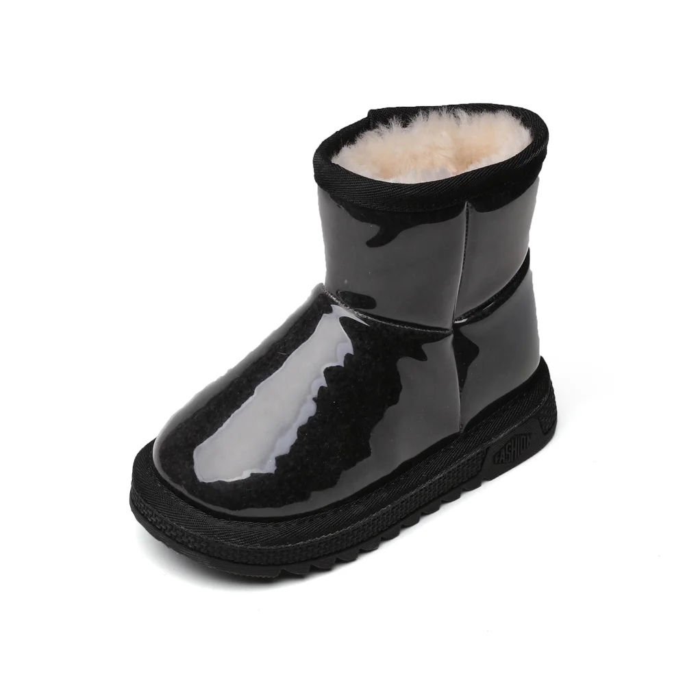 Черный New Fashion Children's Snow boots Winter Girls Patent leather fur martin boots Velvet Thicken boys Warm cotton princess boots - Цвет: Черный