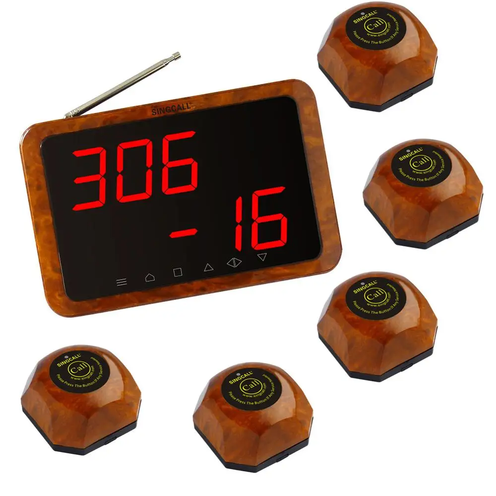 SINGCALL Wireless Cafe Service System, 5pcs Wood Color Table Bells and 1pc Screen Display Receiver for Resturant