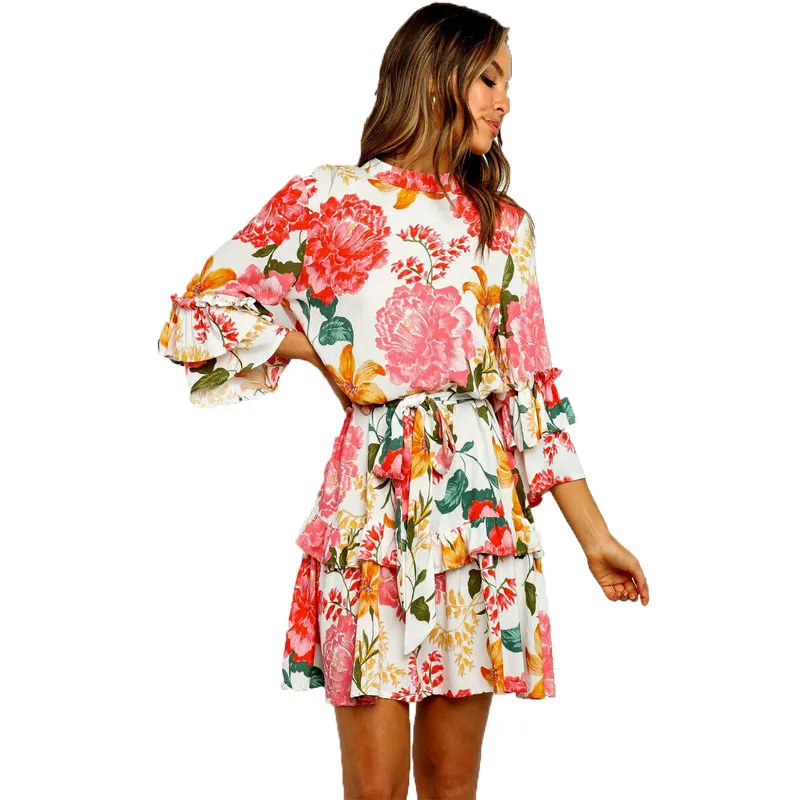 

High Elastic Waist Vintage Spring Autumn Dress A-line Style Women Flare Sleeve Flower Print Loose Holiday Mini Dresses Feminino