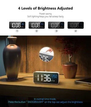 

Bedside Wake Up Digital Mirror Led Music Alarm Clock with Snooze Temperature Thermometer Acoustic Voice Control Backlight