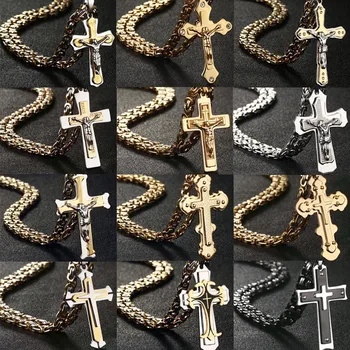 

Religious Crucifix Jesus Cross Necklaces for Men Christian Orthodox Catholic Pendant Necklaces Stainless Steel Byzantine Chains