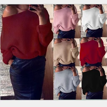 

Sexy Off Shoulder Solid Color O-Neck Long Sleeve Sweater For Autumn Winter 2019 Fashion New Loose Pullover Female Sexy Sweater