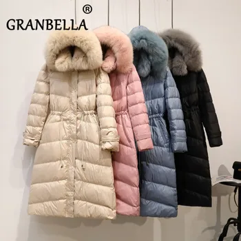 

Large Natural Fox Fur Hooded Winter Jacket Women 90% White Duck Down Thick Parkas Warm Sash Tie Up Snow Coat