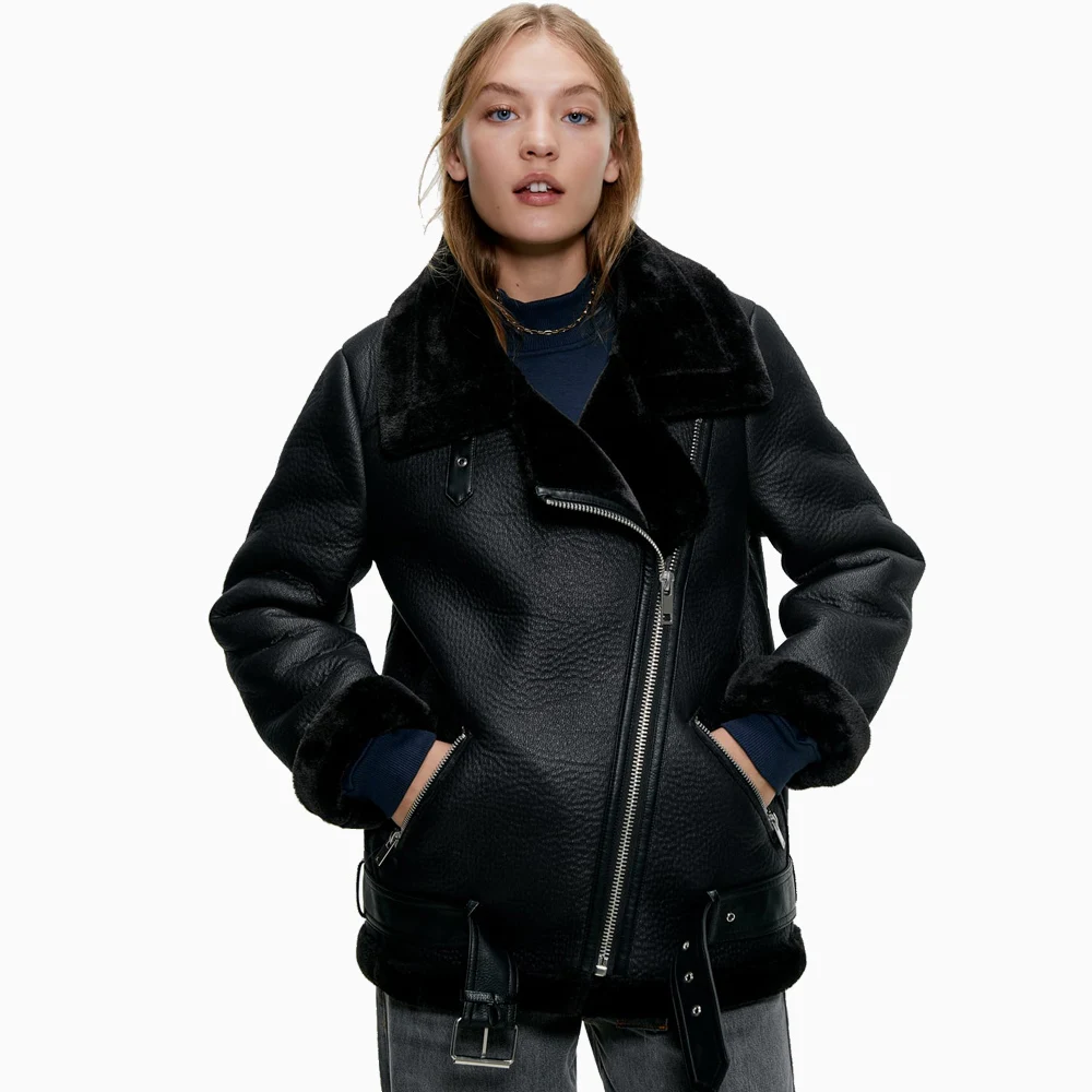 

ZA Lapel Without Hat Long-sleeve Jacket with Velvet with Zip Pocket Faux Fur Effect Lining with Belt Trimmed with Metal Buckle