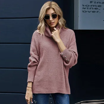 

2020 Autumn and Winter New Style Solid Color Stand Collar Sweater Europe and America Large Size Thick Warm Versatile Tops on Beh