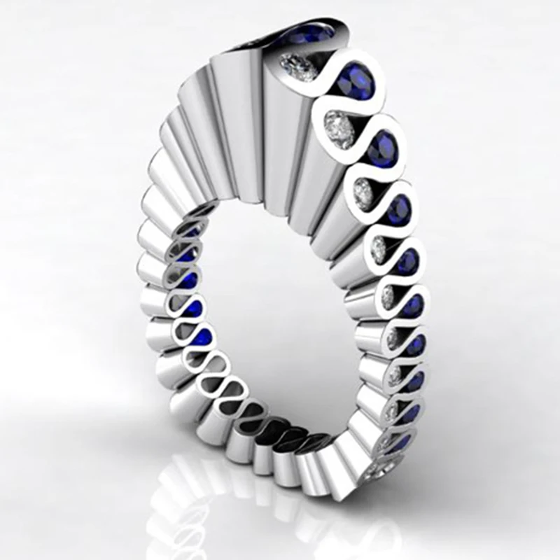 

Fashion Silver Color Twist Stacked Multi-layer Rings Two Tone White Blue Rhinestone Ring Luxury CZ Weddding Rings Z3T209