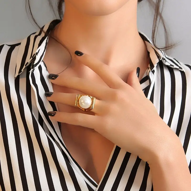 AOMU, имитация жемчуга, индивидуальный золотой цвет, металлический полый, преувеличенный дизайн, кольца на палец для женщин, девушек, вечерние, ювелирный набор