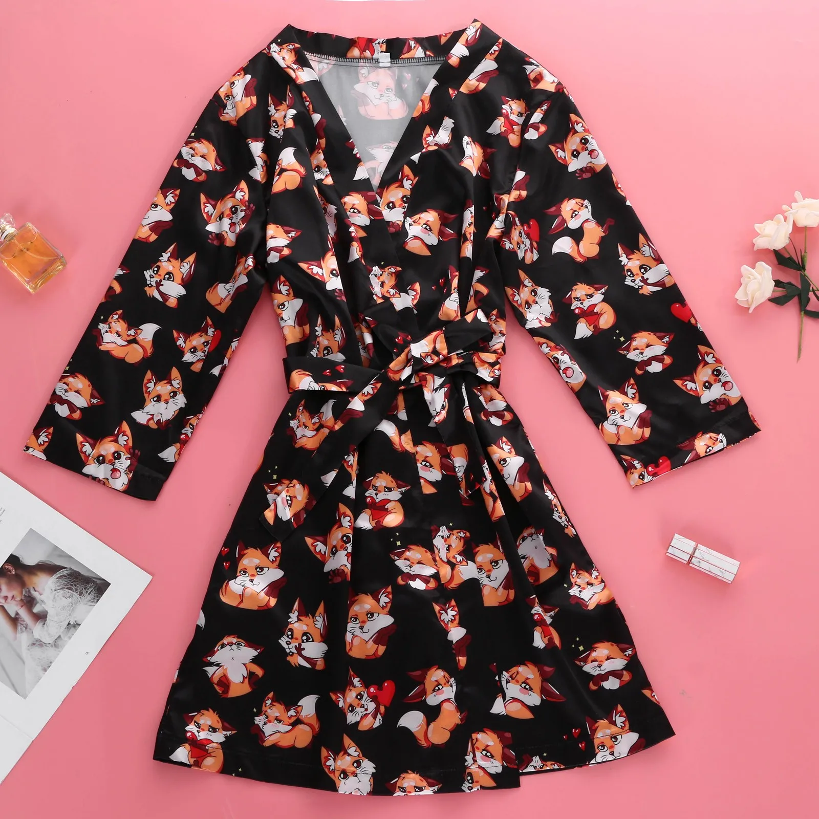 Winter Ladies Pajamas Ribbon Drawstring Print V-neck Long Sleeve Fashion and Comfortable Thin Nightdress |