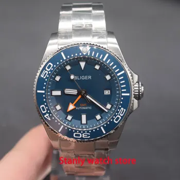 

Sapphire crystal Bliger 43mm blue dial luminous marks ceramic bezel stainless steel band GMT automatic movement men's watch
