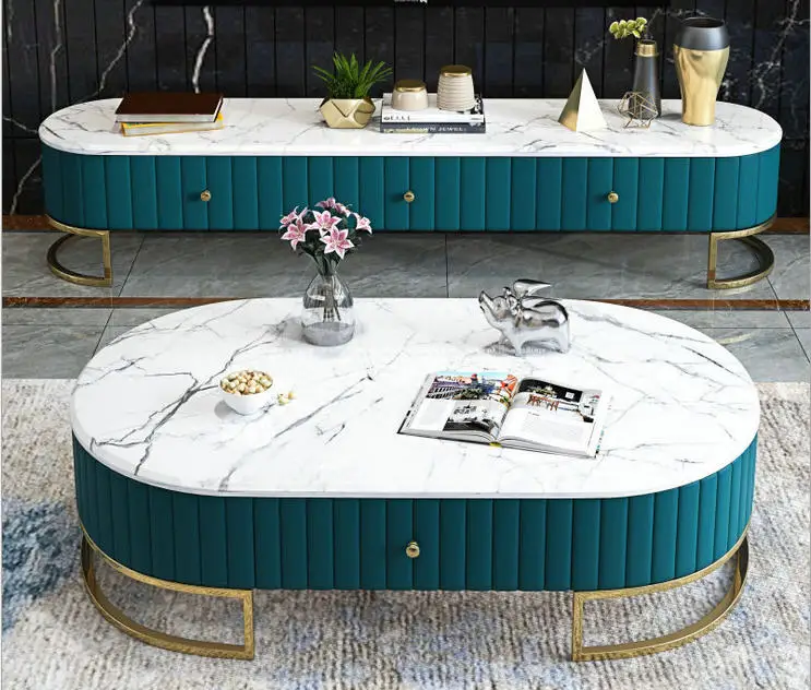 tea table bluek/white Living Room TV monitor stand mueble marble leather oval edge cabinet +tv stand table+Coffee centro Table