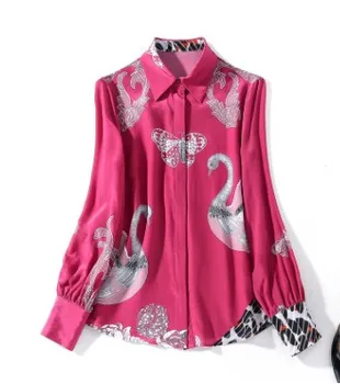 

Spring 2020 new fashion foreign color contrast fit top temperament Swan butterfly print crepe de Chine silk shirt woman