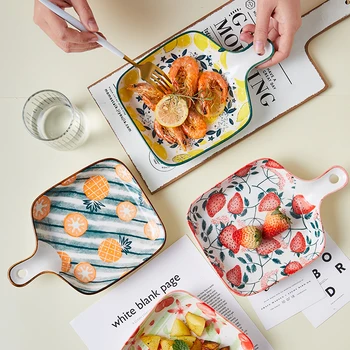 

Nordic Ceramic Color Plant Baked Rice Bowl with Handle Simple Home Painted Fruit Breakfast Sushi Dessert Plate Kitchen Tableware