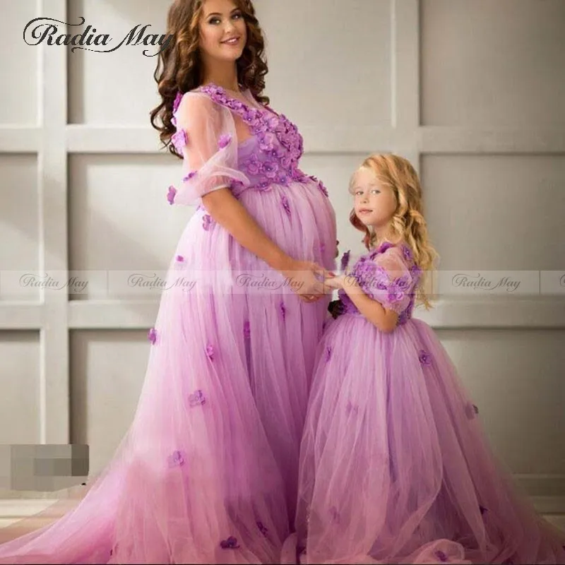 mother and Daughter Платья принцессы с объемными цветами для мамы и дочки; коллекция года; розовое Тюлевое длинное вечернее платье с жемчужинами; вечерние платья для беременных женщин - Цвет: mother and Daughter
