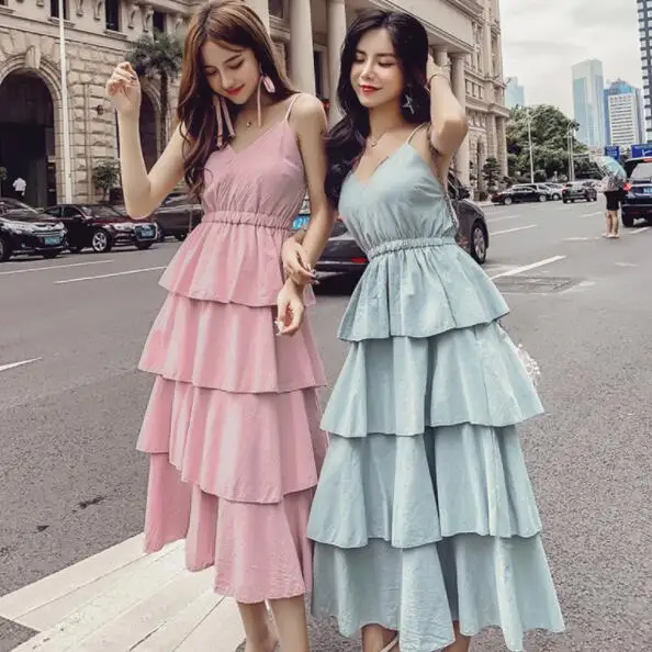 Women Dress Cotton Sleeveless White Yellow Powder Blue Dress Sukienki Sukienki Summer New Sweet Slim Laye Cake Dress DV447