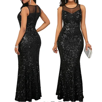 Black Sequins Shinny Long Sleeveless Elegant Maxi Dress 1