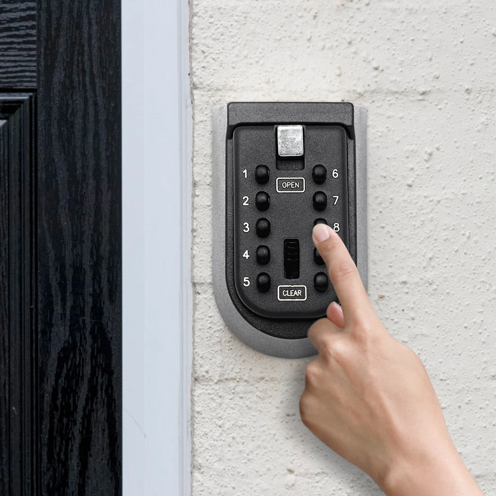 

Wall Mounted Outdoor Key Storage Lock Box 10 Digit Push-Button Combination Password Key Safe Box Resettable Code Key Holder