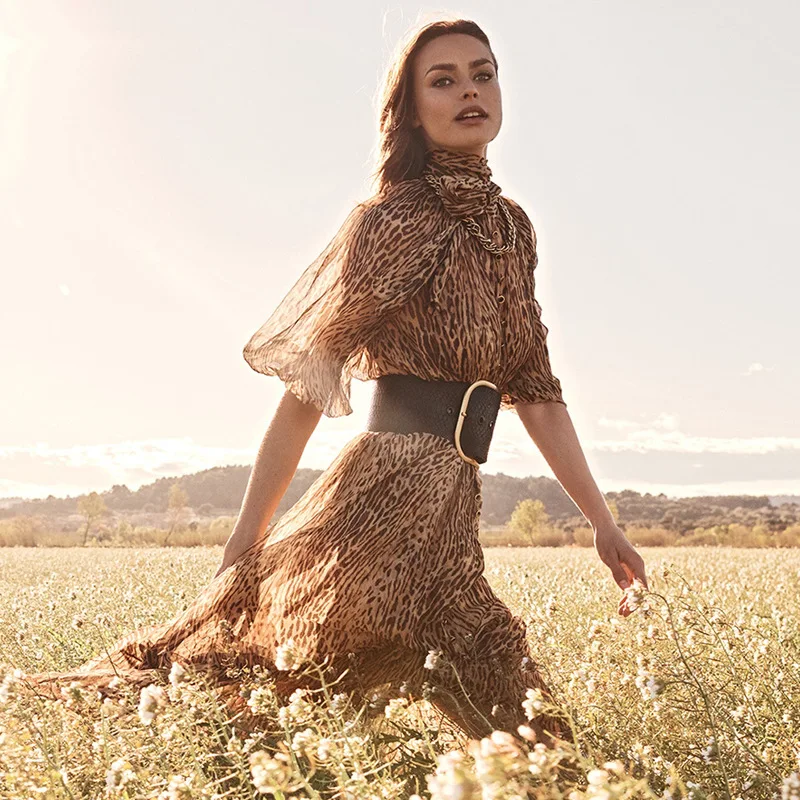 COLOREE, дизайнерское женское леопардовое длинное платье, элегантный Пышный рукав бант, воротник, тонкое винтажное платье высокого качества, vestidos